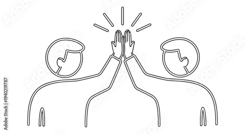 Minimalist black and white continuous line drawing vector illustration of two people giving a high five, symbolizing success, teamwork, and collaboration