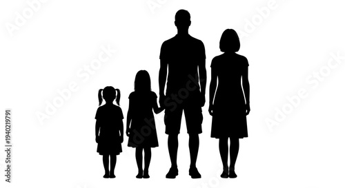 Black silhouette vector illustration of a nuclear family with two children, a father, mother, and two young daughters, standing together in a row, representing family structure and demographics.