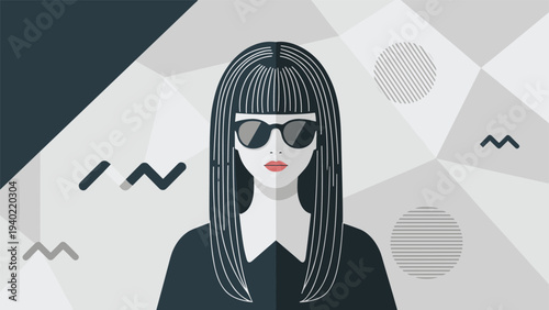 Portrait of a stylish young woman with long black hair wearing bangs and dark sunglasses against an abstract background.