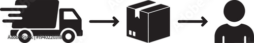 Delivery Process Icon - Truck, Package, And Person Connected By Arrows Representing Logistics And Shipping Network
