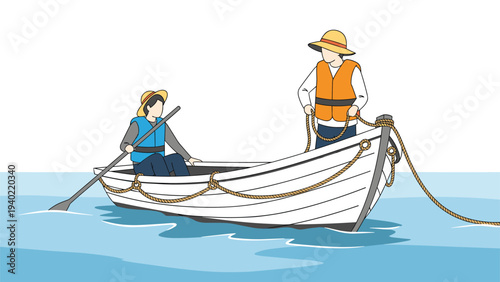Two men in life jackets navigate a white wooden rowboat across blue water with oars and ropes in a simple illustration.