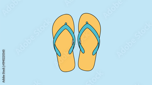 Pair of yellow summer flip flops with blue straps resting on a solid light blue background in a flat design style.
