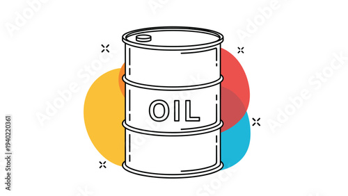 Metal oil drum barrel for fuel storage stands in front of colorful abstract shapes in a clean line art illustration style.