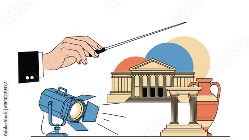 Hand of a conductor points a baton toward historical museum artifacts and spotlight in a symbolic cultural illustration.