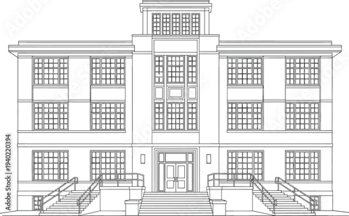 Classic public building facade line drawing with stairs and entrance, architectural elevation of institutional structure for school, government office or historic city architecture