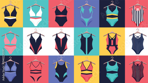 Large grid displays many styles and colors of women swimwear and bikinis on hangers against vibrant colorful panels.