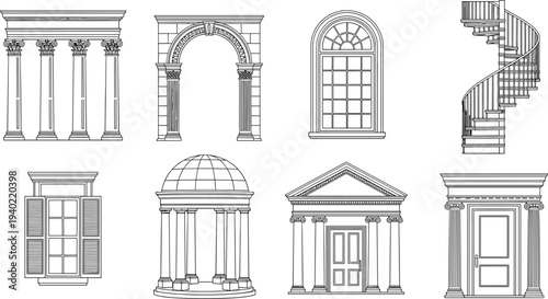 Classical architecture elements line icons set with columns, arch, window, door, dome and spiral staircase for historic building and architectural design
