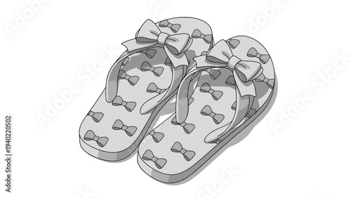 Pair of feminine flip flops featuring a cute bow pattern and large bows on the straps shown in a grayscale illustration.