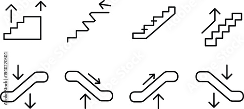 Escalator and staircase direction line icons collection with up arrows, down arrows, movement indicators, public transport navigation symbols for station signage wayfinding design