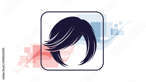 Stylized icon of a short black bob haircut with bangs set within a rounded frame against abstract colorful shapes.
