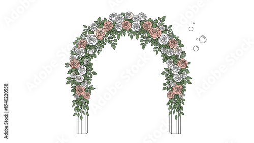 Beautiful floral archway created from pink and white roses with green foliage stands against a plain white background.