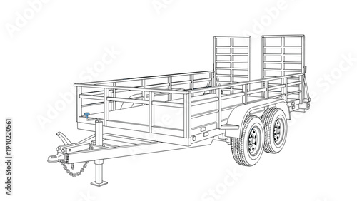 Detailed technical line drawing of a heavy duty flatbed utility trailer with two axles and loading ramps on the back.