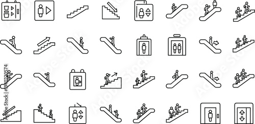Escalator, stairs and elevator navigation line icons collection with people symbols, public transport wayfinding signs for metro stations, malls, airports and buildings