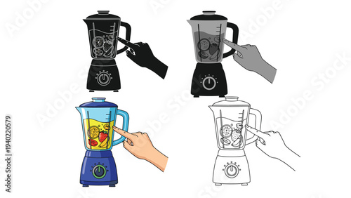 Hand presses a button on a kitchen blender filled with fruit and juice shown in various artistic styles and colors.