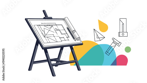 Architects drafting table features a detailed blueprint pencil and various measuring tools against colorful shapes.