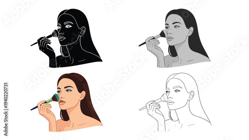 Four different artistic styles illustrate a woman applying makeup to her face with a large cosmetic brush for beauty.