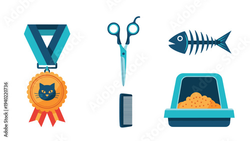 Group of pet care icons for cats includes a prize medal grooming scissors a comb fish skeleton and a litter box set.