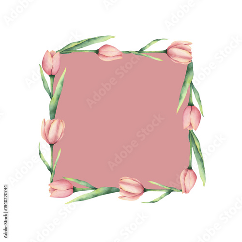 Konstfotografi pink square frame with watercolor tulips