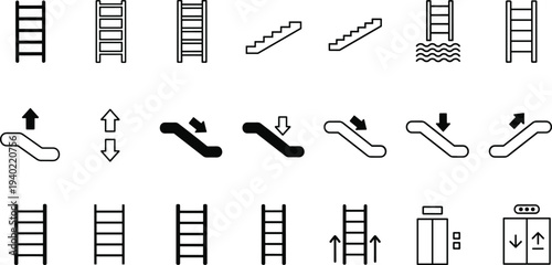 Ladder, stairs, escalator and elevator line icons set with up and down arrows, building navigation symbols for construction, safety signage and wayfinding
