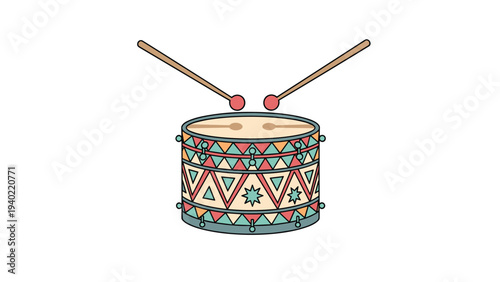 Traditional wooden drum with vibrant geometric patterns and two drumsticks is isolated on a clean white background.