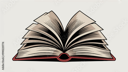 Open book with red cover and white pages spread wide on gray background symbolizing education and knowledge