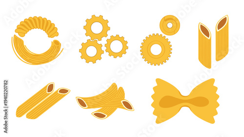 Collection of various pasta shapes including penne, fusilli, farfalle, and rigatoni in a flat vector style on white background.