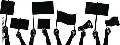 Protest silhouettes, raised hands, activism, demonstration, political rally, social movement, megaphone, flags, placards, collective action, public voice, freedom expression