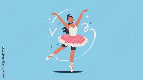 Ballerina dancing in pink tutu and ballet shoes with arms raised on light blue background with white swirls
