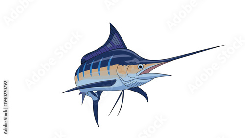 Detailed illustration of a blue marlin fish jumping with its mouth open, showcasing its long bill and dorsal fin structure.