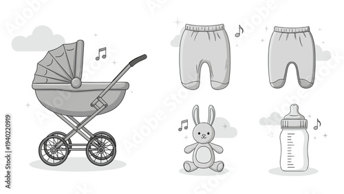 Set of monochrome illustrations for a newborn baby including a classic pram, pants, a toy bunny, and a feeding bottle design.