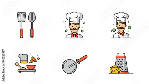 Set of kitchen and culinary icons featuring a chef character, various utensils, a pizza slice, a grater, and a pizza cutter.