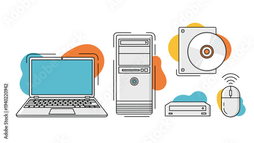 Flat design icons of computer hardware components including a laptop, desktop tower, cd drive, external drive, and wireless mouse.