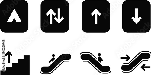 Set of escalator direction icons, showing up arrow, down arrow, bidirectional arrows, staircase ascent symbol, people on escalator pictograms for signage and wayfinding design