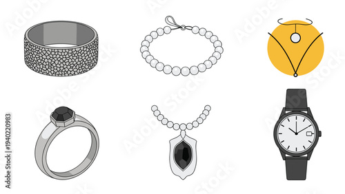 Elegant jewelry set illustrations featuring rings, necklaces, a pearl bracelet, and a classic wristwatch on a white background.