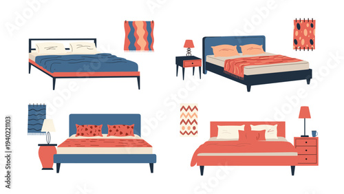Set of bedroom interior designs featuring different bed styles, bedding colors, nightstands with lamps, and decorative wall art.