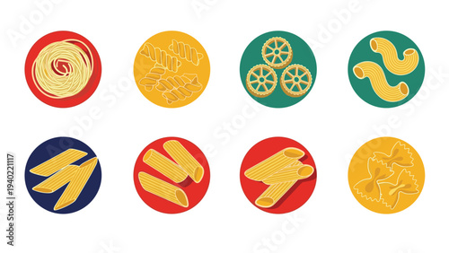 Various types of italian pasta displayed in colorful circles including spaghetti, fusilli, rotelle, macaroni, and penne shapes.