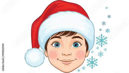 Close up illustration of a happy young boy wearing a red santa claus hat with snowflakes falling in the background for christmas.
