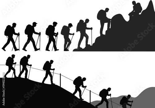 Hiking silhouettes, mountain trekking, group hikers, ascent and descent journey, outdoor adventure, summit achievement, backpackers, trekking poles, 