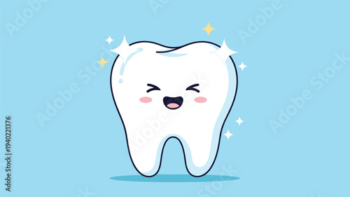Happy cartoon tooth character with a smiling face and sparkling highlights on a light blue background for pediatric dental health.