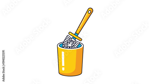 Simple illustration of a yellow toilet brush with blue water inside its matching holder, used for bathroom cleaning and hygiene.
