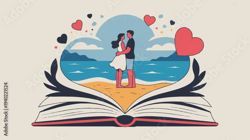 Loving couple embracing on beach from book heart surrounded by hearts and flowers romantic atmosphere sunny day blue sky with clouds ocean waves