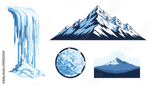 Natural landscape elements featuring a powerful waterfall high snowy mountains and crystalline ice structures for travel and environment themes.