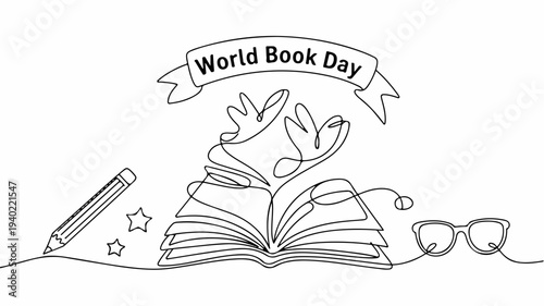 World book day illustration with open book pencil glasses and plant on white background celebrating reading and literature