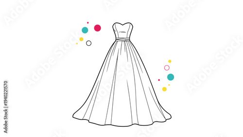 Elegant line drawing of a strapless ball gown wedding dress decorated with whimsical colorful floating circles and dots.