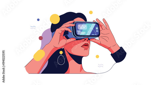 Vibrant illustration of a woman wearing a virtual reality headset immersed in a digital world with abstract colorful shapes around her.