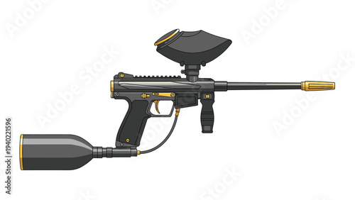 Highly detailed and realistic illustration of a modern paintball marker with all components including barrel hopper and tank.