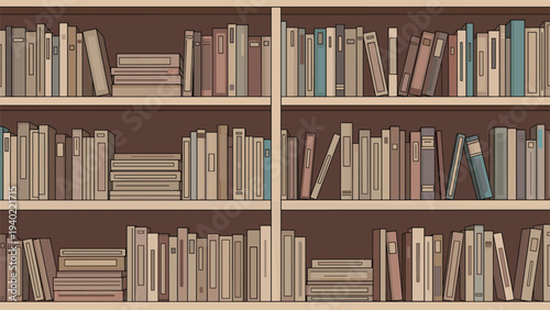 Seamless background of wooden bookshelves packed with a large collection of diverse books in various sizes and colors.