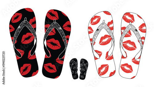 Stylish flip flops featuring a bold pattern of red lip prints shown in both black and white background variations for summer.