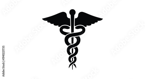 Black caduceus symbol featuring a serpent and wings a bold silhouette