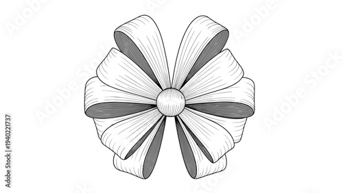Highly detailed hand drawn sketch of a large decorative ribbon bow with a central knot for gifts and celebratory occasions.